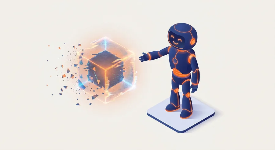 Chatbot-Figur greift nach einem zerfallenden Datenwürfel – Sinnbild für erfundene, halluzinierte Auskünfte