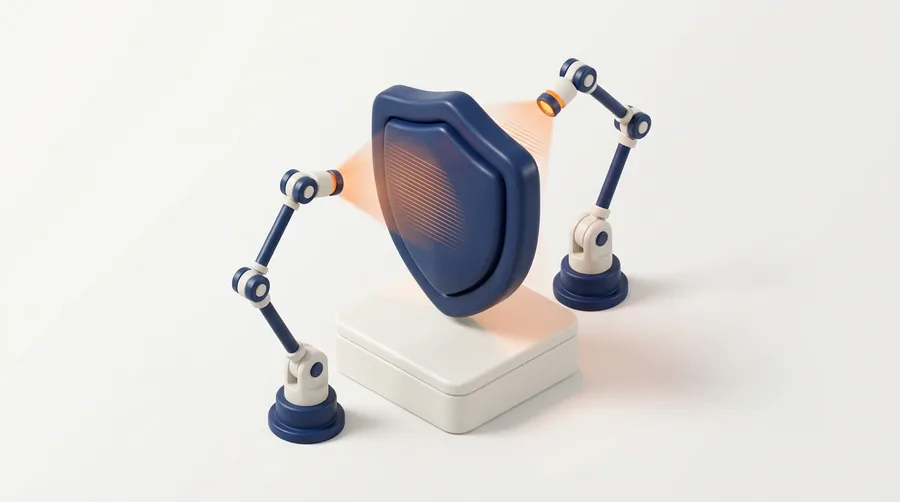 Schutzschild auf einem Prüfstand, von Roboterarmen mit orangefarbenen Scanstrahlen systematisch getestet – Sinnbild für methodische Sicherheitstests