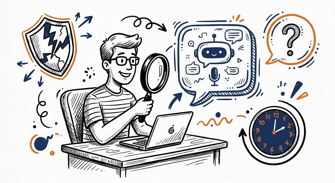 Sketchnote: Ein Prüfer mit Lupe untersucht einen Chatbot, umgeben von gerissenem Schild, Fragezeichen und Uhr – die drei Risiken und die unabhängige Prüfung als Antwort
