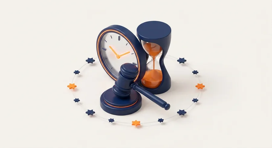 Uhr, Sanduhr und Richterhammer im Kreis der EU-Sterne – Sinnbild für den Stichtag der EU-KI-Kennzeichnungspflicht